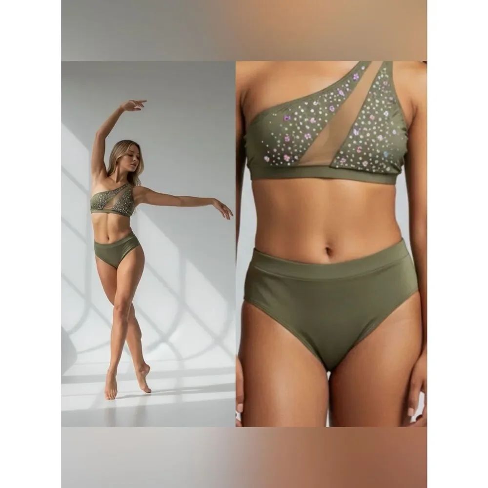 AA dance competition contemporary costume 2 piece olive green custom crystal XSA